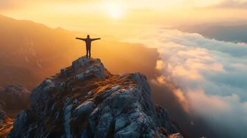 AI generated Embracing Triumph Lone Figure on Rocky Peak Faces the Rising Sun photo