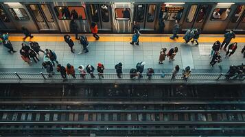 AI generated Urban Subway Platform Bustles with Commuters Soft and Artificial Light Illuminate the Scene photo