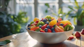AI generated Colorful Fruit Platter Shines in Soft Natural Light Inviting and Appetizing Display photo