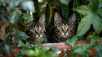 ai generado curioso gatos en medio de lozano follaje capturado en de cerca 50 mm marco foto