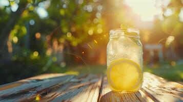 ai generado refrescante limonada en masón tarro hielo cubitos rústico mesa soleado jardín antecedentes foto