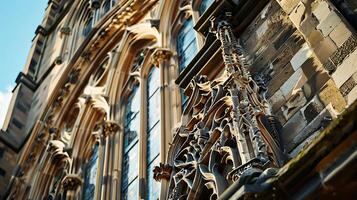 ai generado histórico Iglesia fachada vitrinas florido tallas y manchado vaso ventanas en intrincado detalle foto