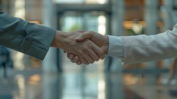 AI generated Confident Business Handshake in Modern Office Setting Captured with Medium Shot and Soft Natural Light photo