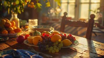 AI generated Rustic Dinner Spread Colors Fruits Cheese and Wine Create a Warm and Inviting Atmosphere photo