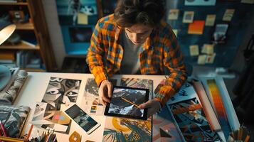 AI generated Young Designer Immersed in Creative Workspace Surrounded by Graphic Design Resources Bathed in Soft Natural Light photo