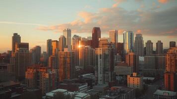 AI generated City Skyline Embraces Sunset Glow with Modern and Historic Buildings Bathed in Soft Natural Light photo