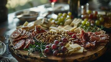 AI generated Sumptuous Charcuterie Board Displayed on Rustic Wooden Table Bathed in Soft Natural Light photo