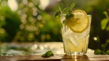 AI generated Refreshing Lemonade CloseUp Capture of Condensation and Lemon Slice on Rustic Wooden Table photo