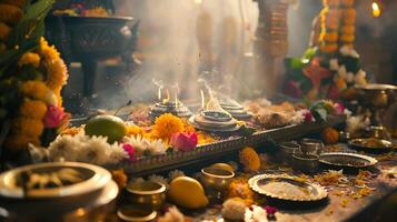 AI generated Traditional Hindu Puja Ceremony Offerings on Decorative Altar Captured in CloseUp photo