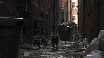 AI generated City Raccoons Navigate Urban Alley Wild Energy Amidst Chaos Shadowy Dance of Nature and Metropolis photo