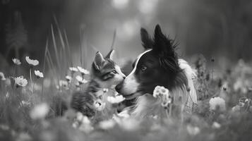 ai generado improbable compañeros adular gatito y frontera collie abrazo en iluminado por el sol prado radiante inocencia y amor foto