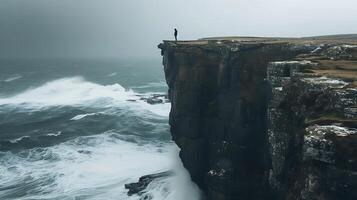 AI generated Facing the Tempest Solitary Figure Stands Strong on Cliff Edge Bracing for Impending Storm photo