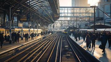 AI generated Platform Commuters Await Train Amidst Railway Tracks and Electric Wires photo