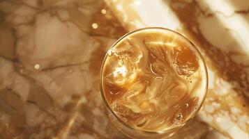 AI generated Iced Coffee Glistens in Soft Natural Light on Marble Table Captured in CloseUp with 50mm Lens photo