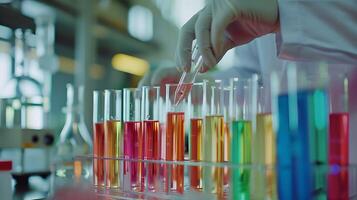 AI generated Scientist Conducts Precise Experiment in Lab Pouring Liquid into Beaker Among Research Equipment photo