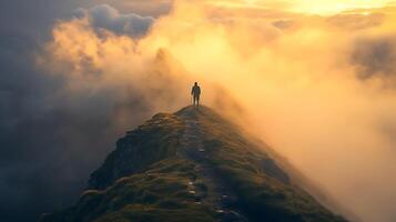 AI generated Overcoming Adversity A Figure Confronts Uncertainty on Steep Mountain Trail Bathed in Hopeful Golden Light photo