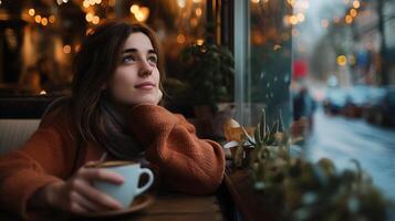 AI generated Young Woman Contemplates Majestic Mountain View in Soft Light from Scenic Cliff Edge photo