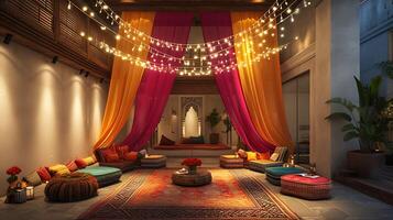 AI generated Harmonious Fusion Traditional Textiles and Modern Technology in a Warmly Lit Living Space photo