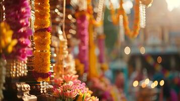 AI generated Traditional Hindu Puja Ceremony Captured in CloseUp with Beautiful Offerings on Decorative Altar photo