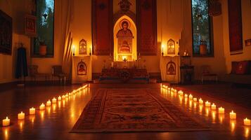 ai generado multicultural sagrado espacio alumbrado por velas ambiente melódico cantos y espiritual reverencia foto