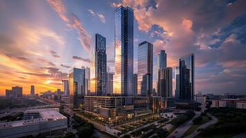 AI generated Modern City Skyline at Sunset Glass Skyscrapers Reflecting Warm Evening Light Against Colorful Sky photo