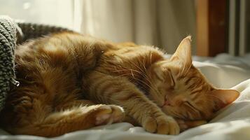 ai generado acogedor atigrado gato durmiendo en suave natural ligero en cobija foto