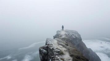 AI generated Determined Figure Embraces Uncertain Horizon Ready to Navigate Narrow Winding Trail into the Mist photo