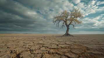 AI generated Resilient Lone Tree Embraces Challenging Desert Casting Shadows as Distant Storm Promises Renewal photo