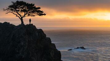 AI generated Resilience Portrayed Lone Figure Stands Firm Against Turbulent Ocean Amidst Dramatic Sky photo