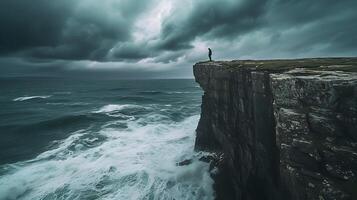 AI generated Resolute Figure Overlooking Turbulent Ocean Symbolizing Strength and Perseverance in the Face of Adversity photo