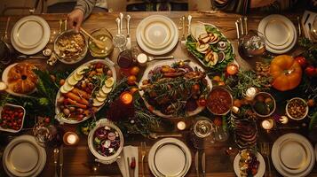 ai generado rústico festivo cena vistoso platos en de madera mesa capturado en amplio 50 mm Disparo foto