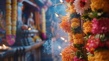 AI generated Traditional Hindu Priest Performs Colorful Temple Ceremony with Floral Offerings photo