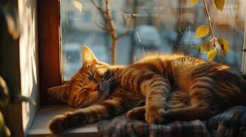 AI generated Relaxed Brown Tabby Cat Basks in Warm Sunlight on Cozy Window Sill photo