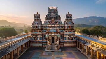 AI generated Traditional Hindu Temple Glows at Sunrise Embracing Colorful Facade and Intricate Carvings in Wideangle View photo