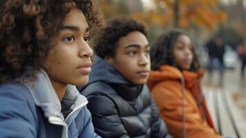 AI generated Diverse Teenagers Engage in Meaningful Park Conversation Surrounded by Multicultural Background photo