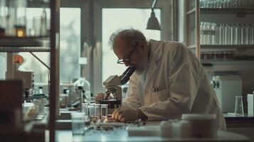 AI generated Scientist Engages in Laboratory Experiment with Test Tubes and Microscope Amidst Colorful Chemical Solutions photo