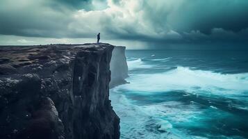 ai generado inflexible fuerza solitario figura caras adversidad abrazando Resiliencia en medio de turbulento Oceano y esperanzado luz de sol foto