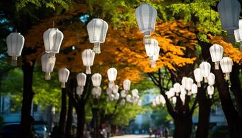 AI generated Illuminated lanterns decorate the night, lighting up the cityscape generated by AI photo