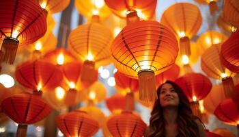 AI generated Chinese lanterns illuminate the night, celebrating culture and traditions generated by AI photo