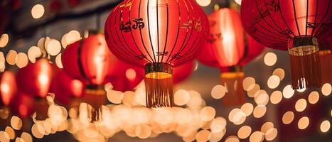 AI generated Chinese lanterns illuminate the night, celebrating traditional festivals generated by AI photo