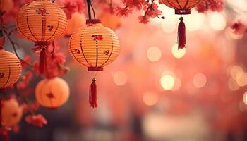 AI generated Chinese lanterns illuminate the night, celebrating traditional culture and luck generated by AI photo