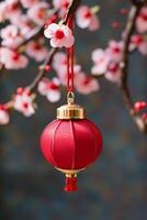 AI generated Christmas ornament hanging on tree branch, glowing with festive decoration generated by AI photo