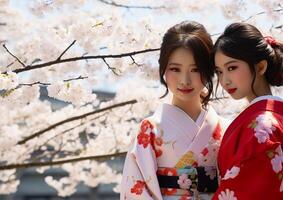 ai generado dos joven mujer en tradicional ropa sonriente al aire libre, abrazando japonés cultura generado por ai foto