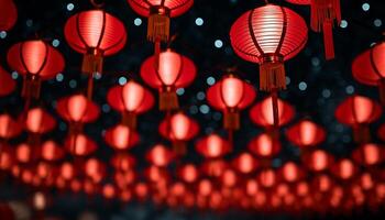 ai generado chino linternas iluminar el noche, simbolizando vibrante tradiciones y suerte generado por ai foto