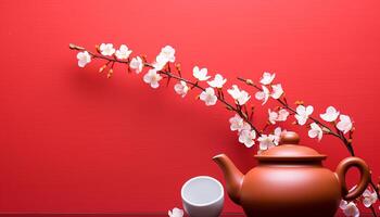 ai generado caliente té en un flor lleno tetera trae primavera relajación generado por ai foto