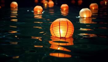 AI generated Glowing lantern reflects on water, symbolizing summer relaxation generated by AI photo