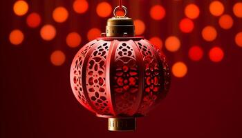 AI generated Shiny lantern hanging, glowing ornament decorates bright winter night generated by AI photo