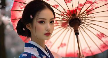 AI generated A beautiful geisha in traditional clothing exudes elegance and beauty generated by AI photo