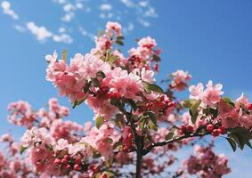 ai generado Fresco rosado flores florecer en un árbol rama en primavera generado por ai foto