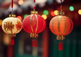 AI generated Chinese lanterns hanging in the night, illuminating the traditional celebration generated by AI photo